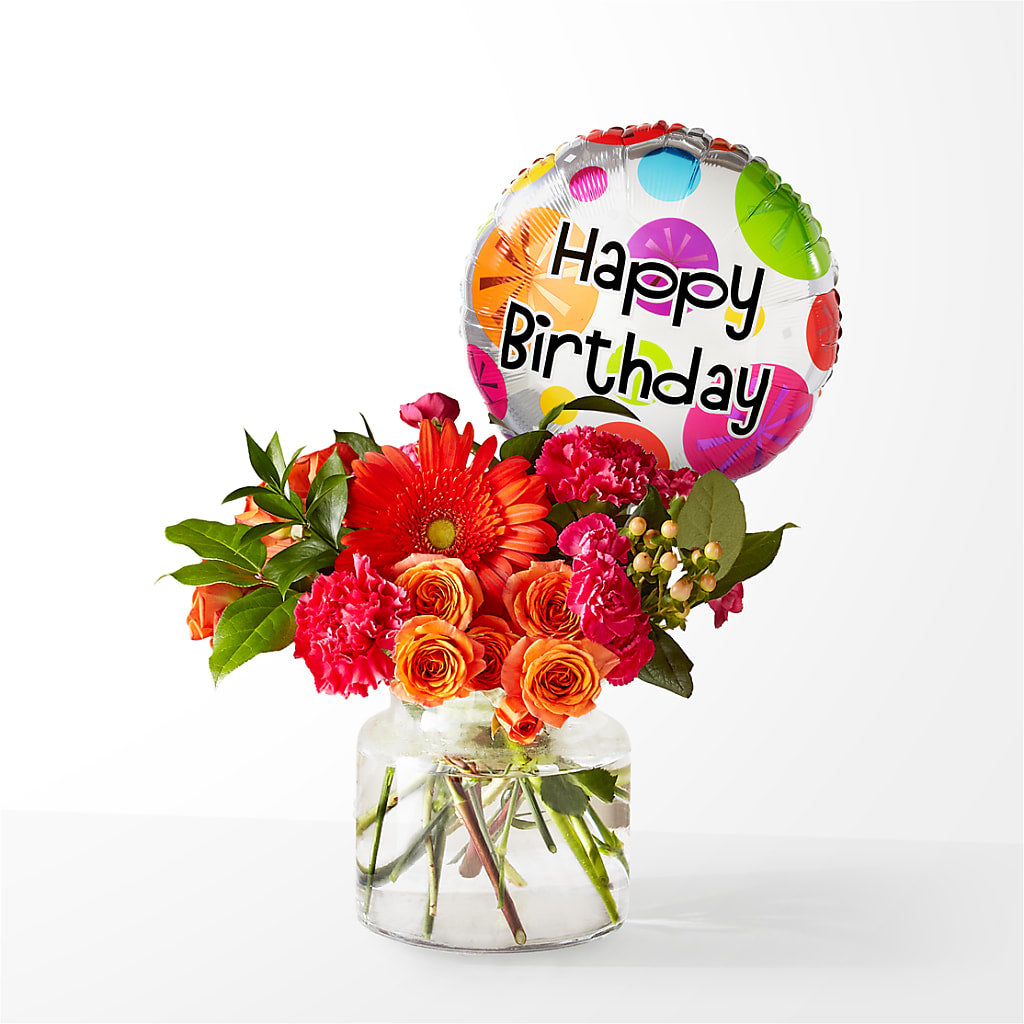 Fiesta Bouquet with Birthday Balloon – C & C SENSATIONS, Waynesboro VA