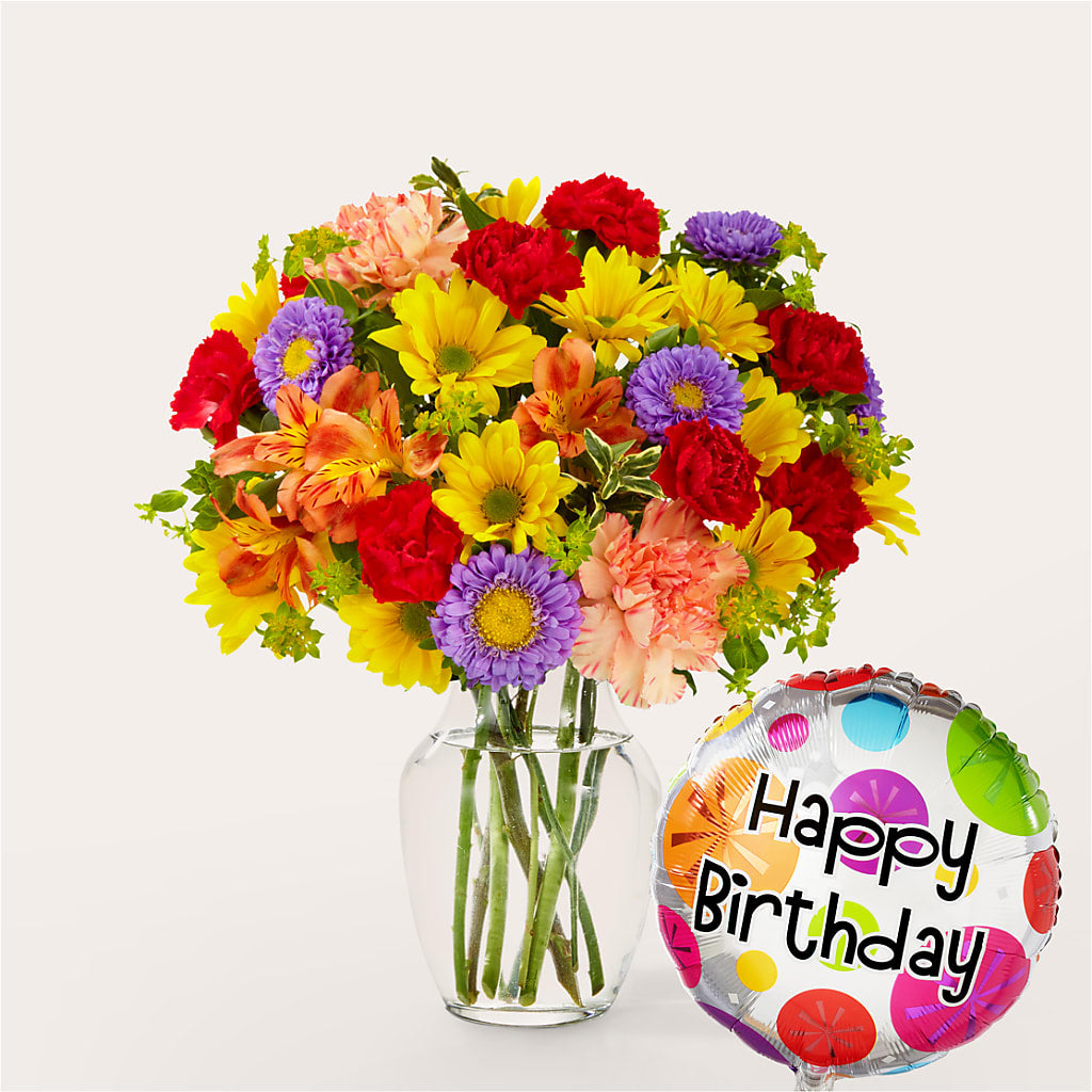Kaleidoscope Bouquet with Birthday Balloon – C & C SENSATIONS, Waynesboro VA