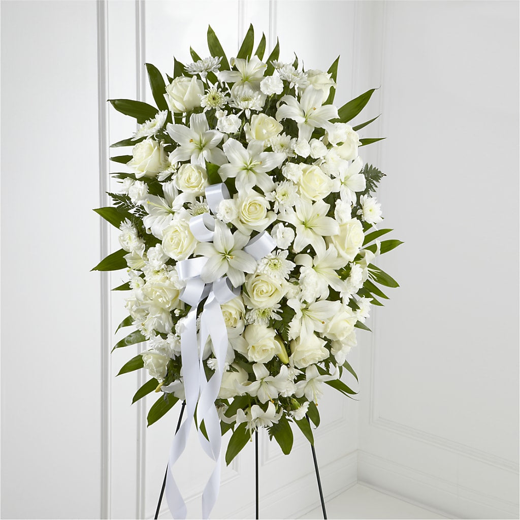 Exquisite Tribute Standing Spray-White Ribbon – C & C SENSATIONS, Waynesboro VA